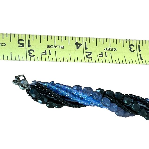 Multi Strand Blue Shades Seed Beads ReMovable Ring Necklace with Blue Stones 15” - Picture 5 of 7